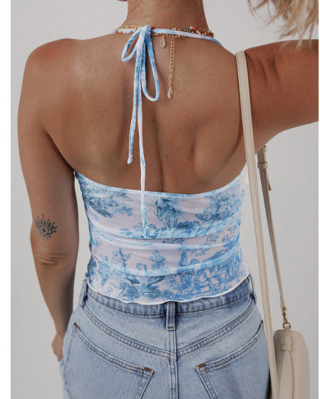 Gök Mavisi Rastgele Baskılı File Fiyonk Detaylı Halter Yaka Tank Top
